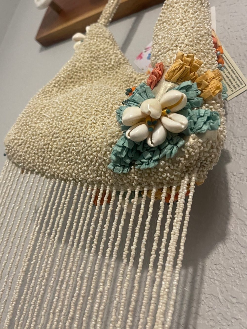 Viral Beaded Bag - Floral Fringe Satchel - Ivory with Orange & Teal Accents - Picture 9 of 12